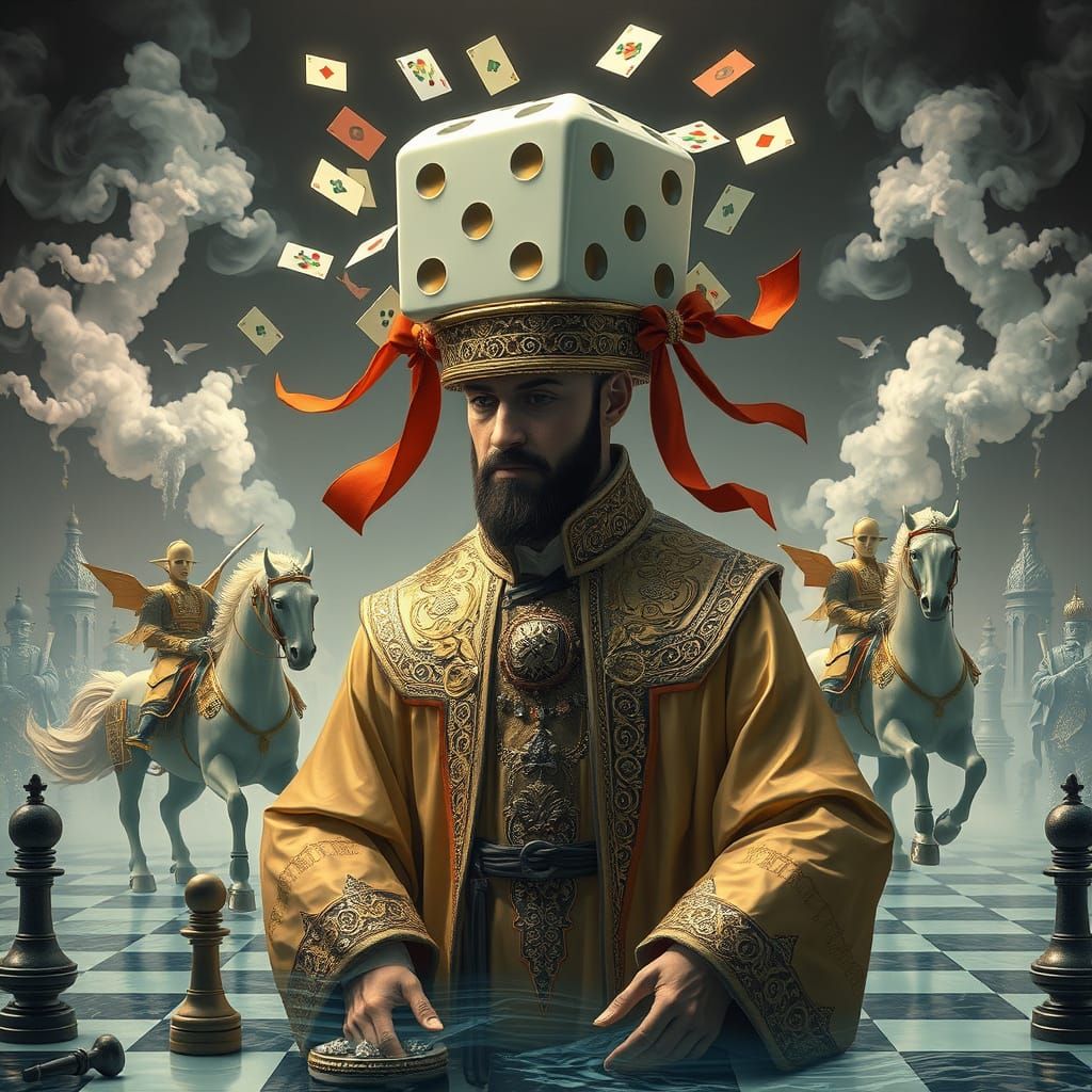 Dreamlike Dice-Head Man on Chessboard in Fantasy Style