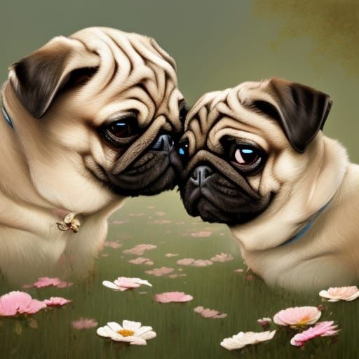 Pugs Play in Flowers: Hyperdetailed Portrait