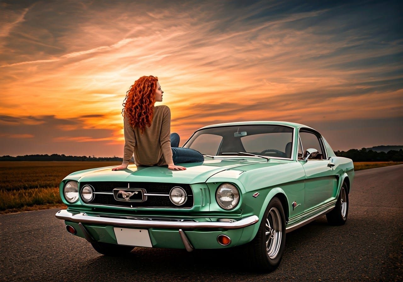 Redhead on Vintage Mustang at Sunset: Pop Surrealism