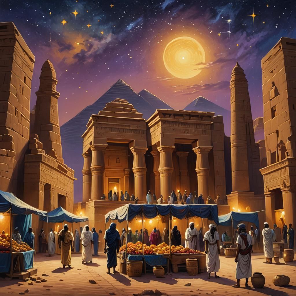 Egyptian Night Market at Desert Temple: Oil Painting