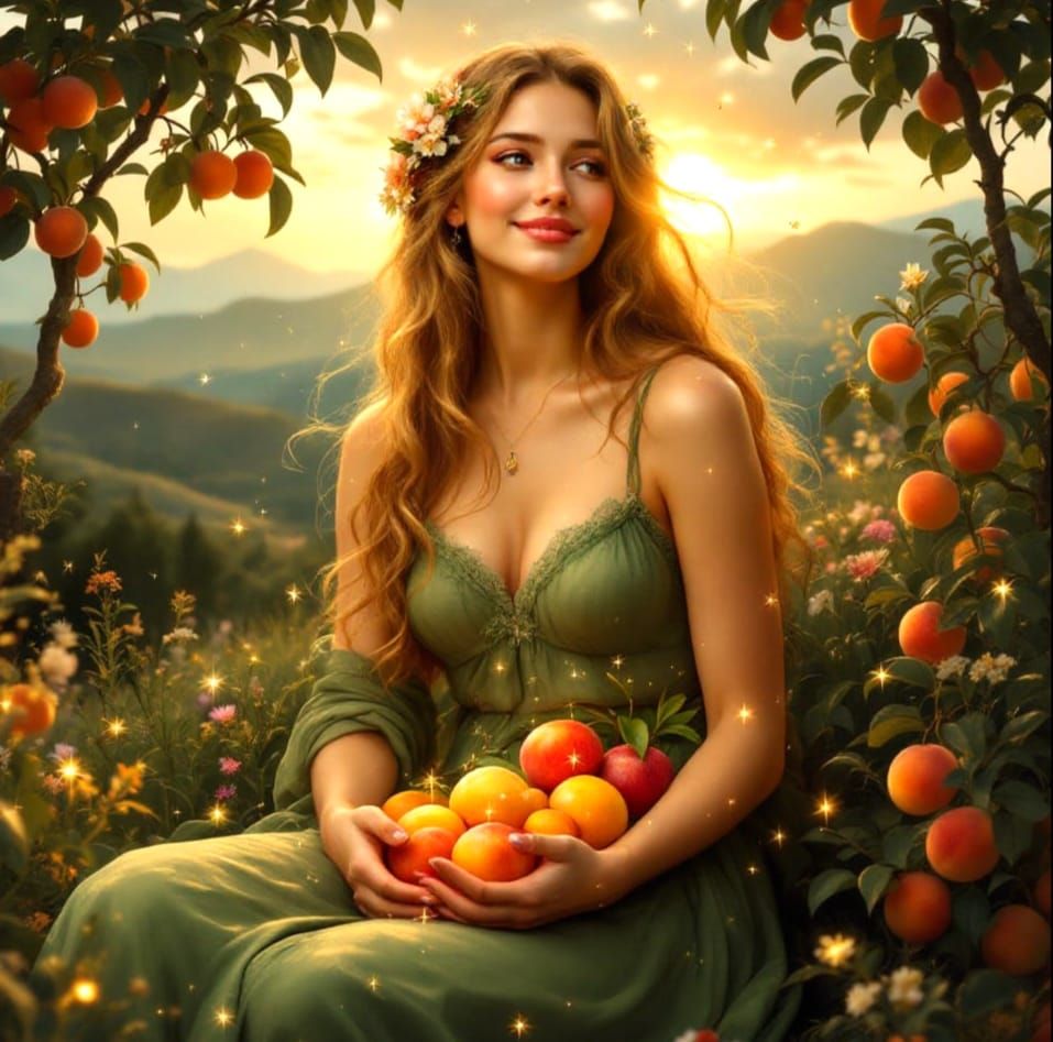 Renaissance Goddess of Fruit and Gardens in Golden Light