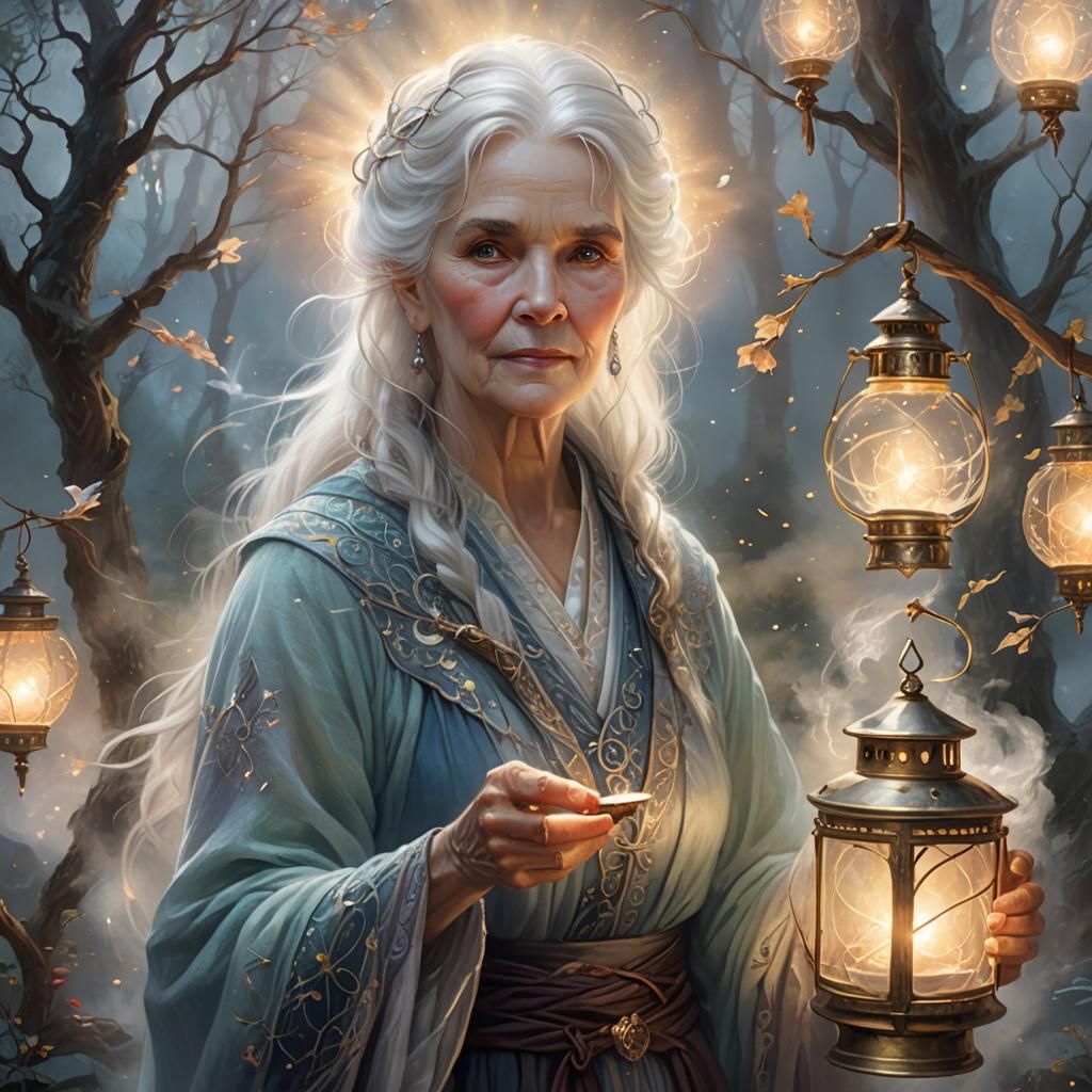 Ethereal Woman with Lantern in Kinkade Style