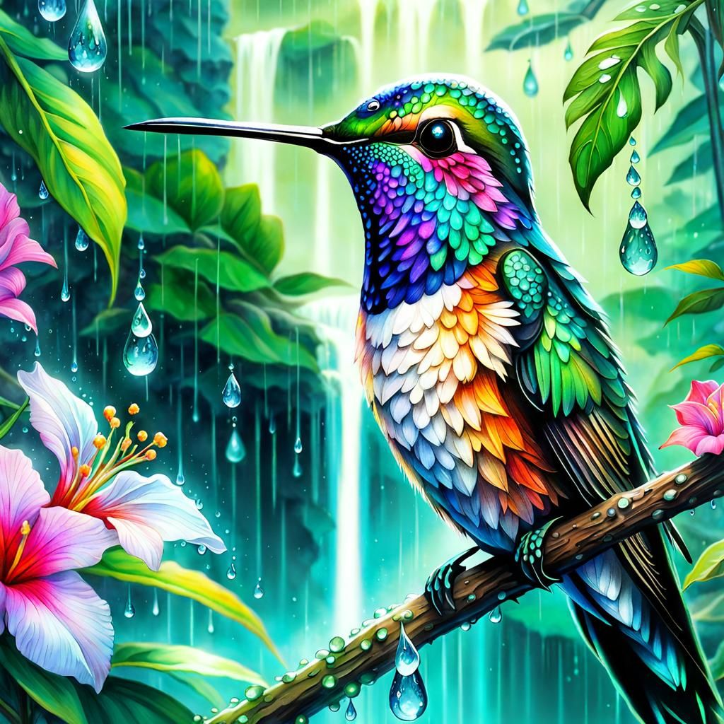 Bioluminescent Hummingbird in Tropical Jungle Watercolor
