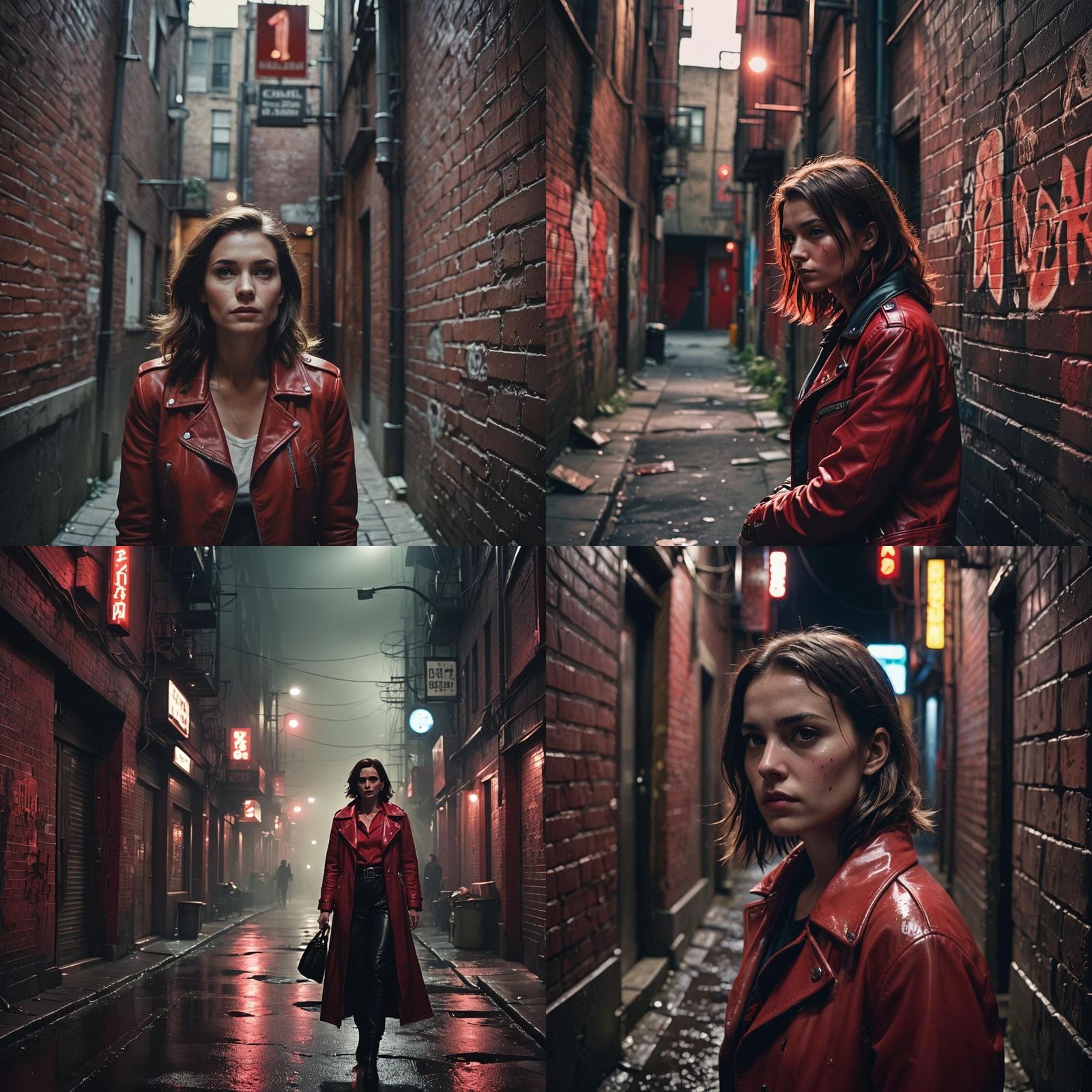 Woman in Red Leather in Dark Alley