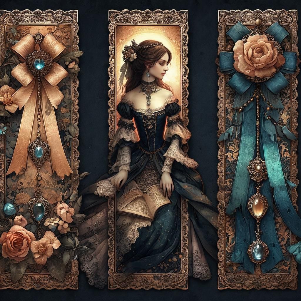 Romantic Bookmark Design with Medieval Lady and Floral Eleme...