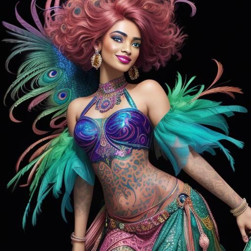 Rainbow Woman with Peacock Feathers in Digital Art