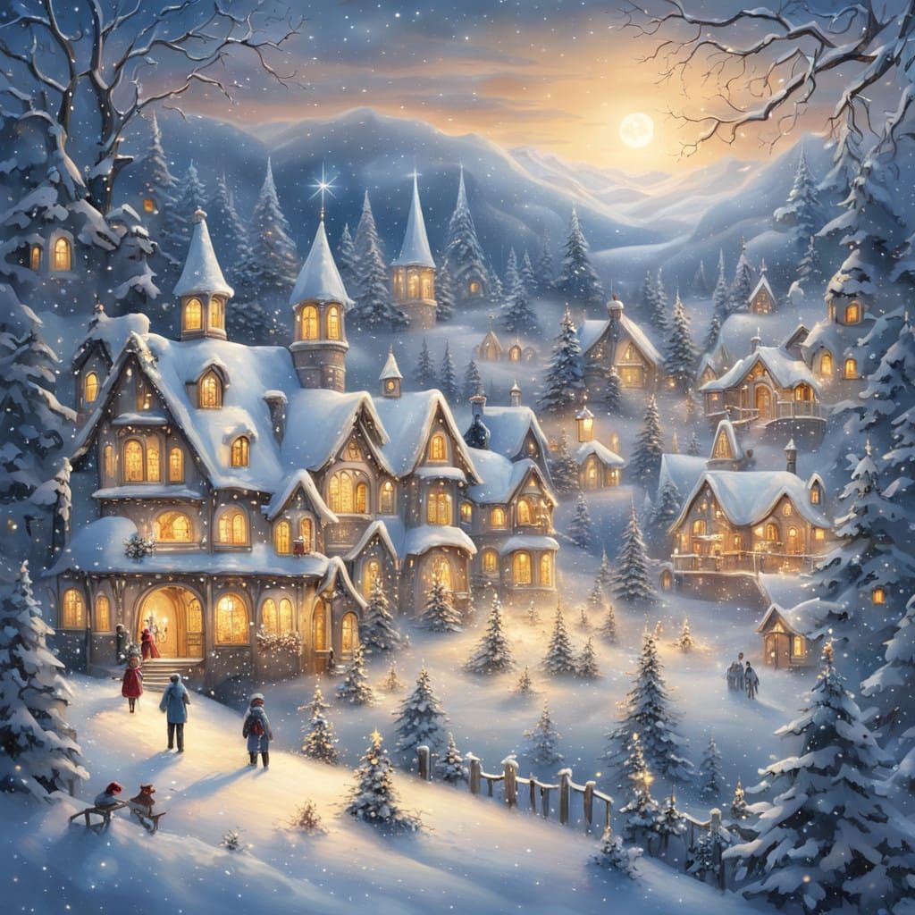 Snowy Village Under Golden Christmas Lights