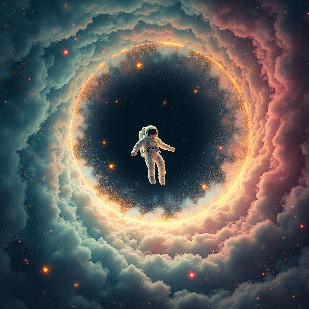 Astronaut in Black Hole, Dreamlike Space Illustration