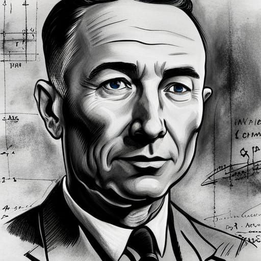 a pencil portrait of J. Robert Oppenheimer with atomic bomb ...