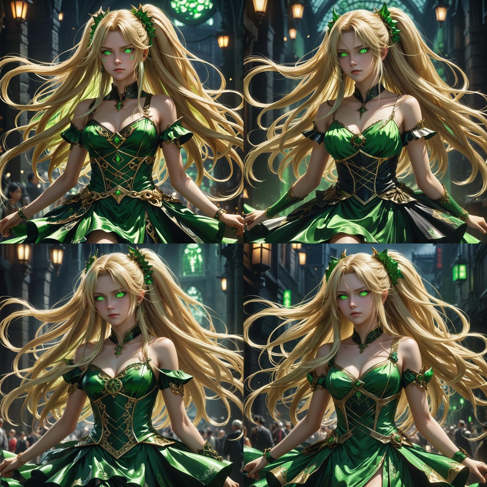 Blond Woman in Green Dress: Dark Fantasy Art
