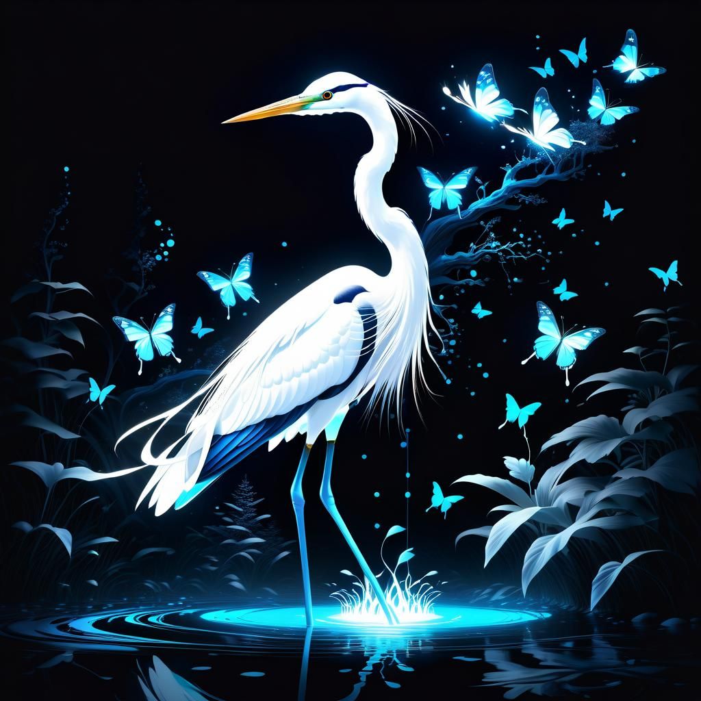 Luminescent Heron in Bioluminescent Forest: 3D Digital Art