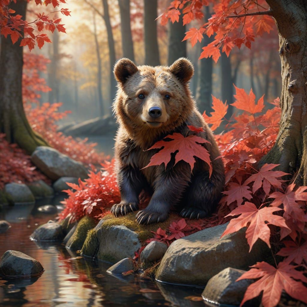 Little Bear Peeking From Autumn Leaves in Enchanted Forest