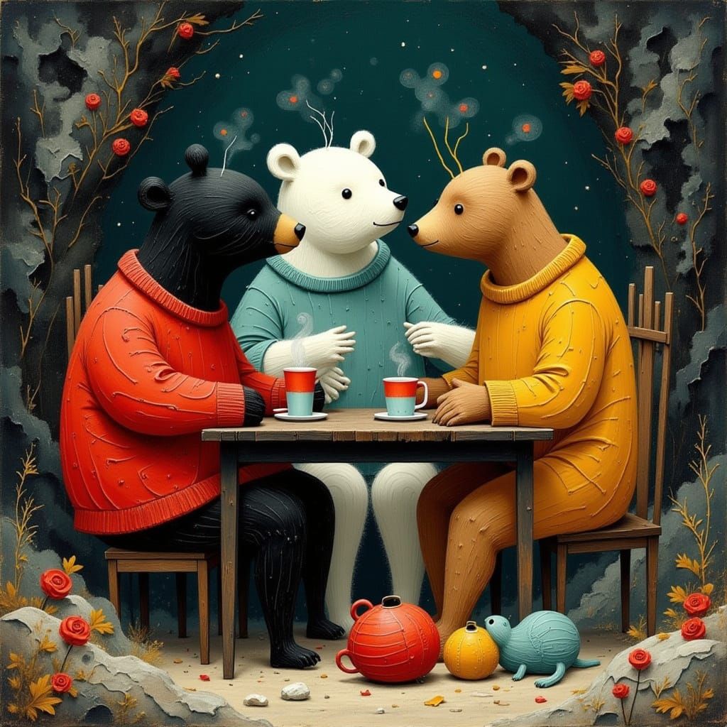 Bears in Sweaters Enjoy Hot Cocoa in Cozy Cave