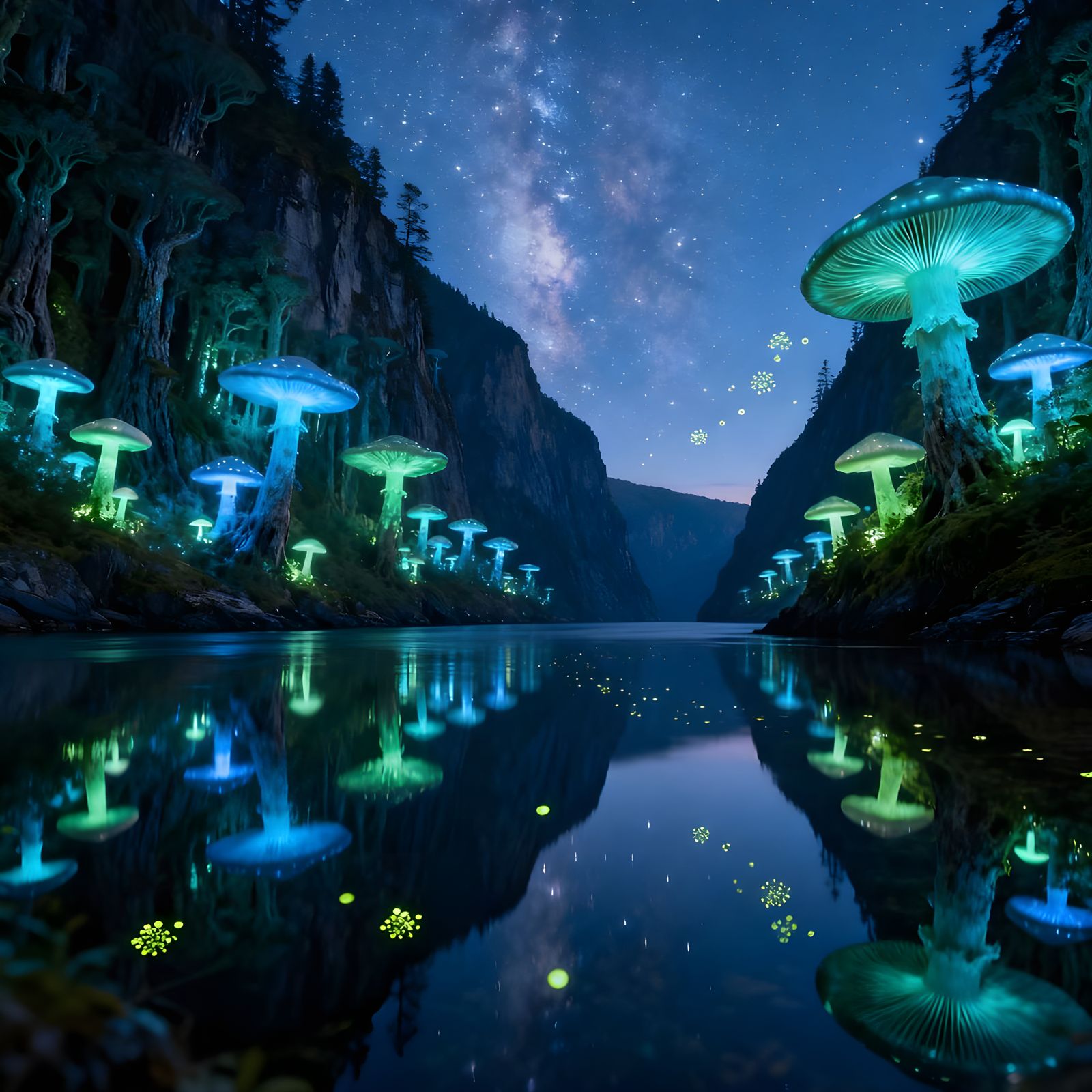 Bioluminescent Mushroom Fjord at Blue Hour: Panoramic Landsc...