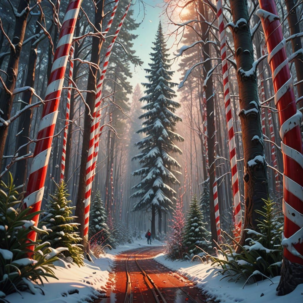 Hyperrealistic Candycane Forest in Winter Splendor