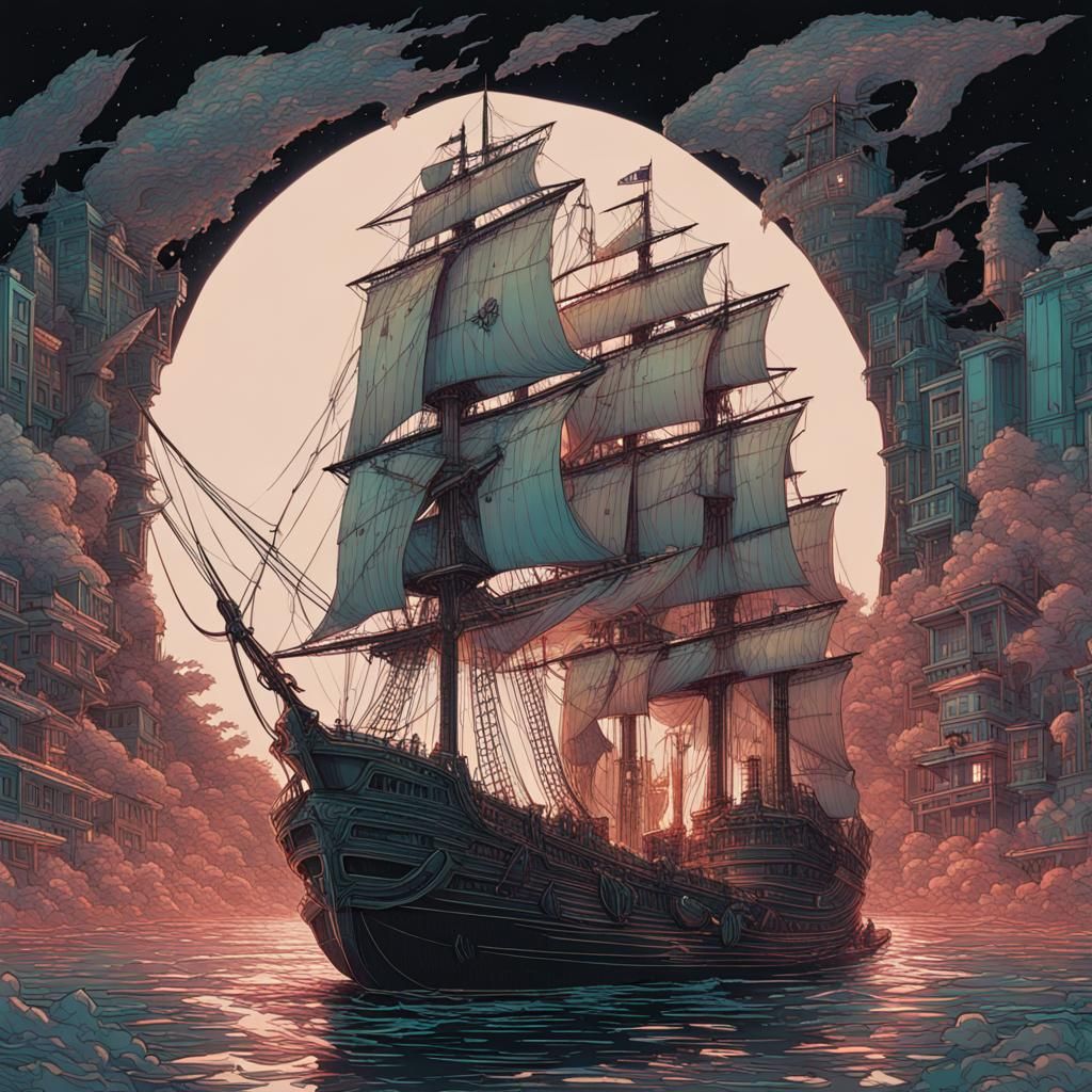 Intricate Ship with Iridescent Retro Woodcut Style