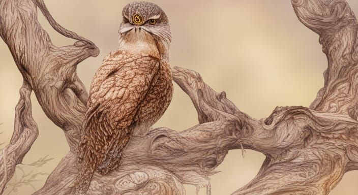 Tawny Frogmouth with Fractal and Druidic Elements