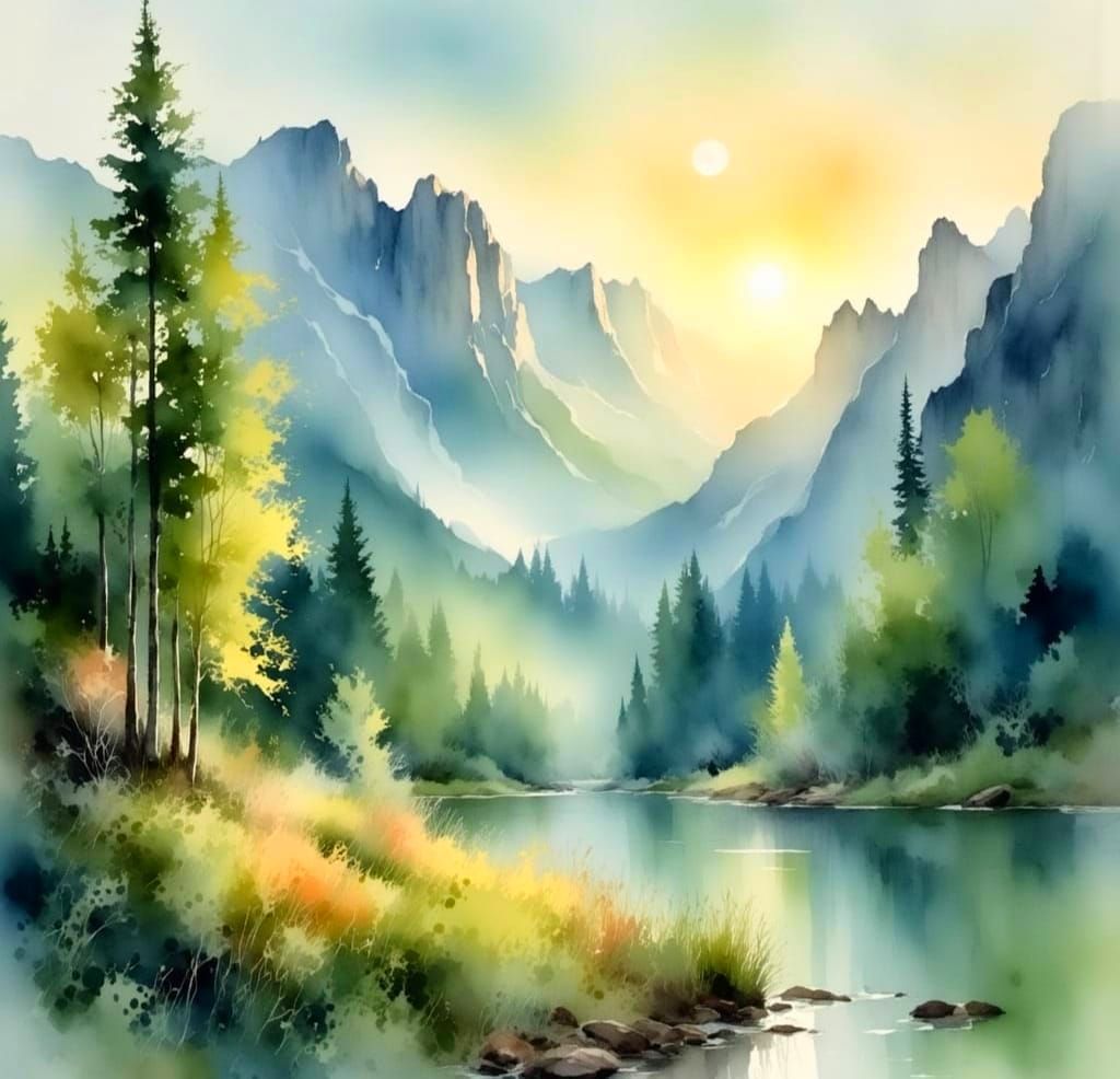 Dreamy Watercolour Valley in Warm Dusk Light