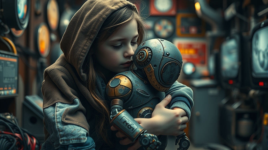 Girl and Robot Pet in Dystopian Portrait