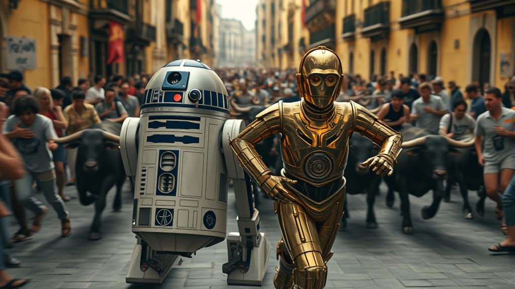 R2D2 and C3PO Run with the Bulls in 3D