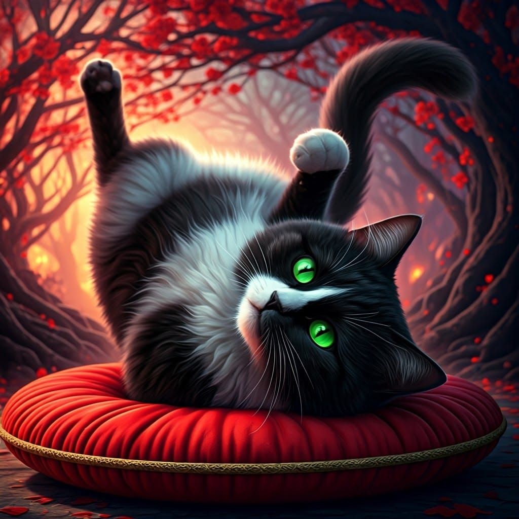 Black Cat Rolling on Heart Cushion: Dark Fantasy Art