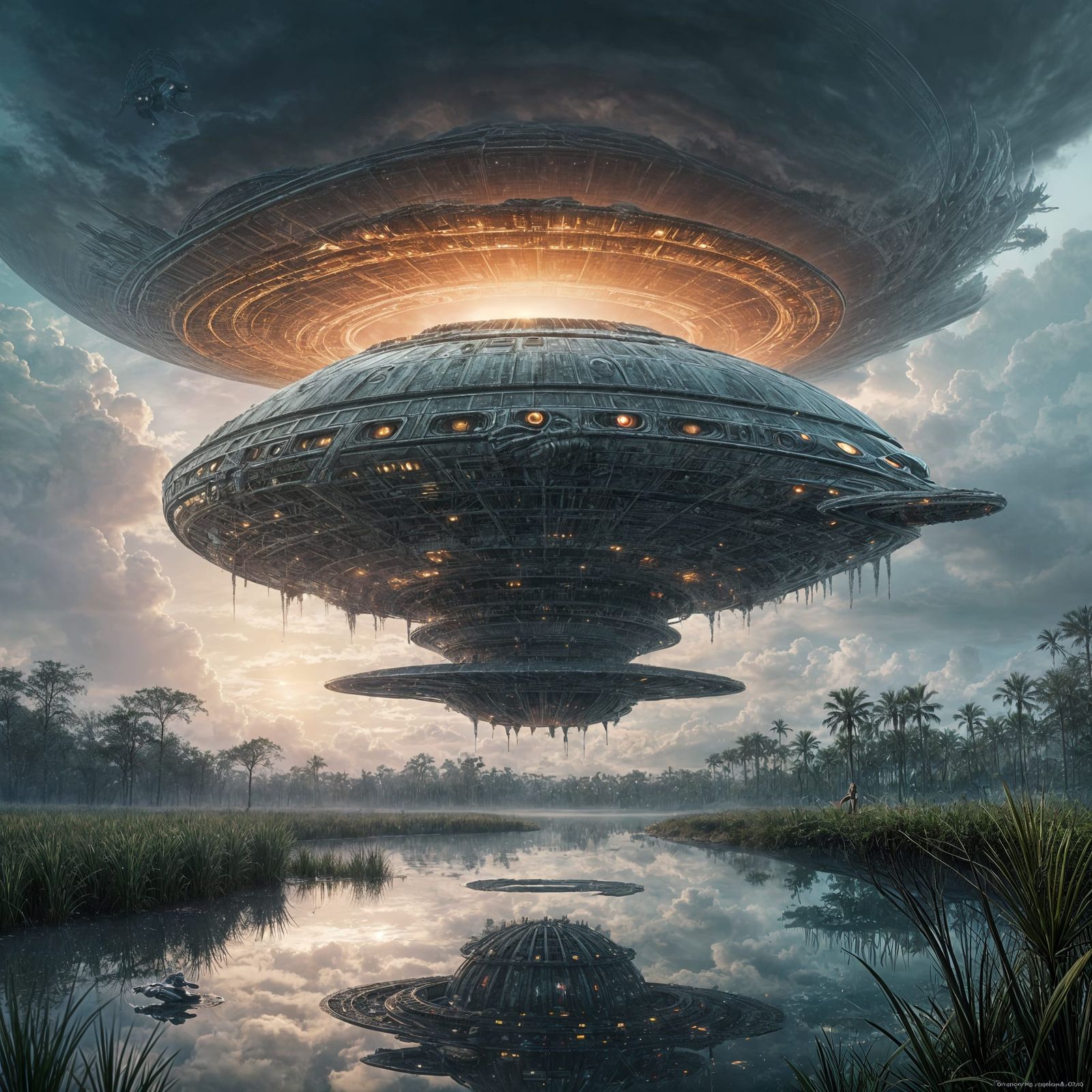 Reptilian Mothership Rises from Everglades in Cosmic Art