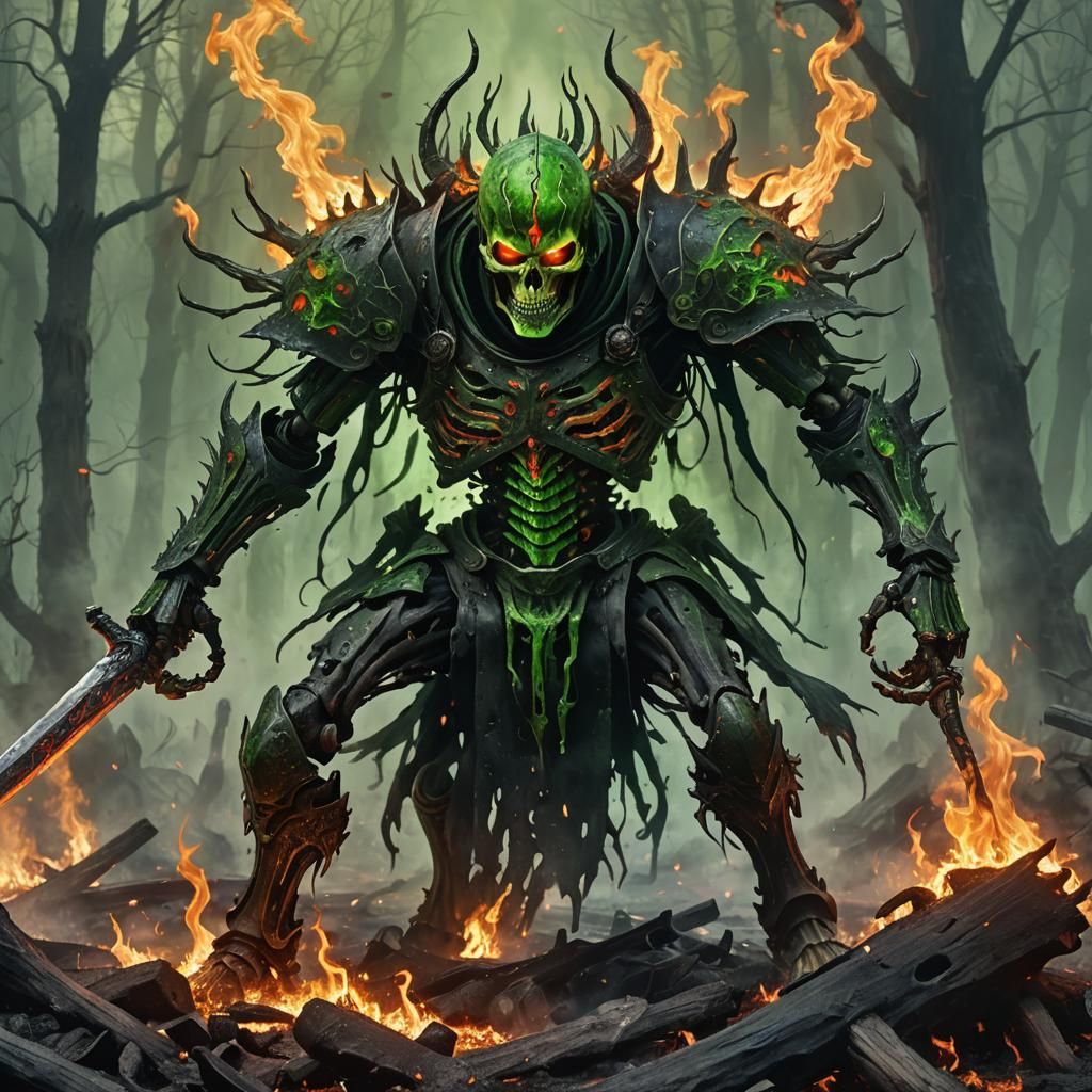 Skeletal Warrior in Flames and Toxic Wasteland