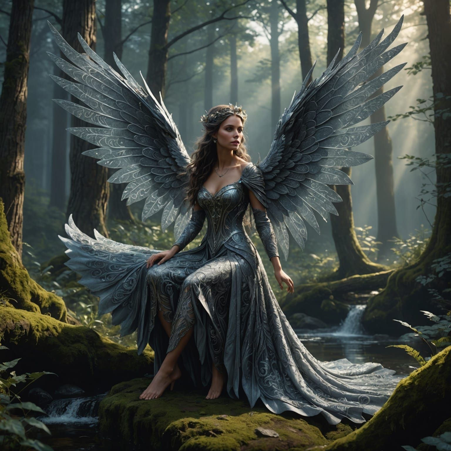 Fairy and Wolf in Mystic Woodland: Dark Fantasy Concept Art