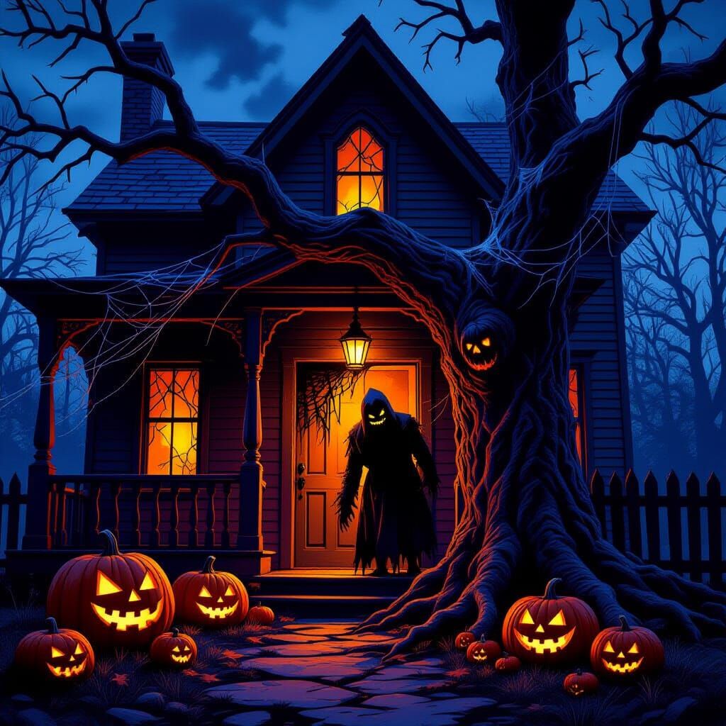 Haunted Halloween Entrance with Eerie Figure