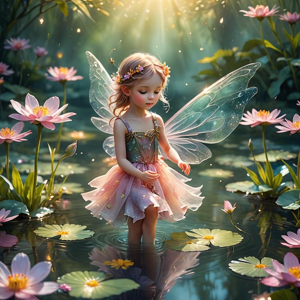 Ethereal Fairy on Flowering Pond in Watercolor Style