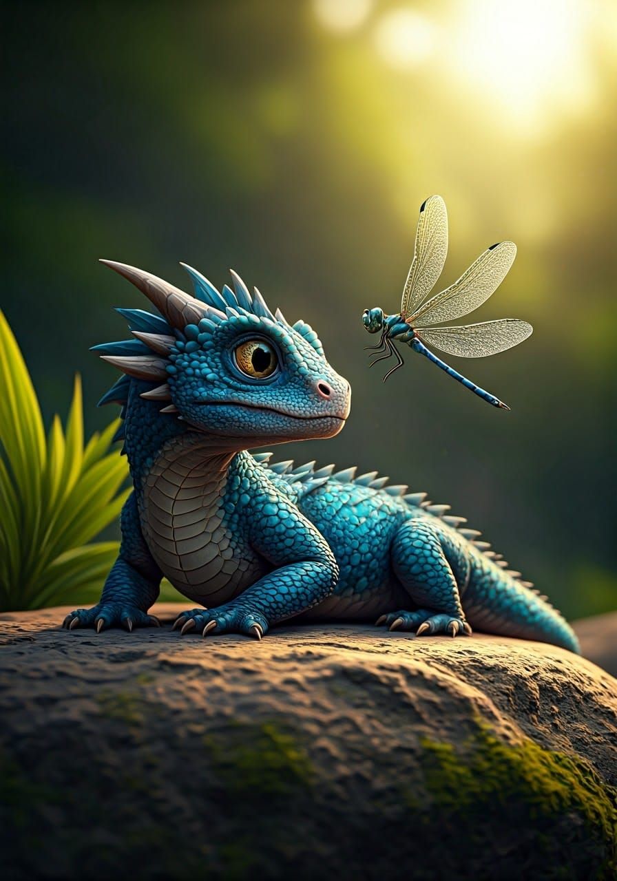 Iridescent Baby Dragon Encounters Delicate Dragonfly in Phot...