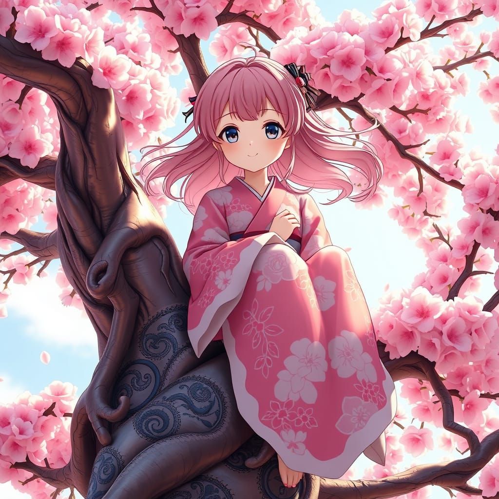 Anime Girl in Cherry Blossom Tree on Sunny Day