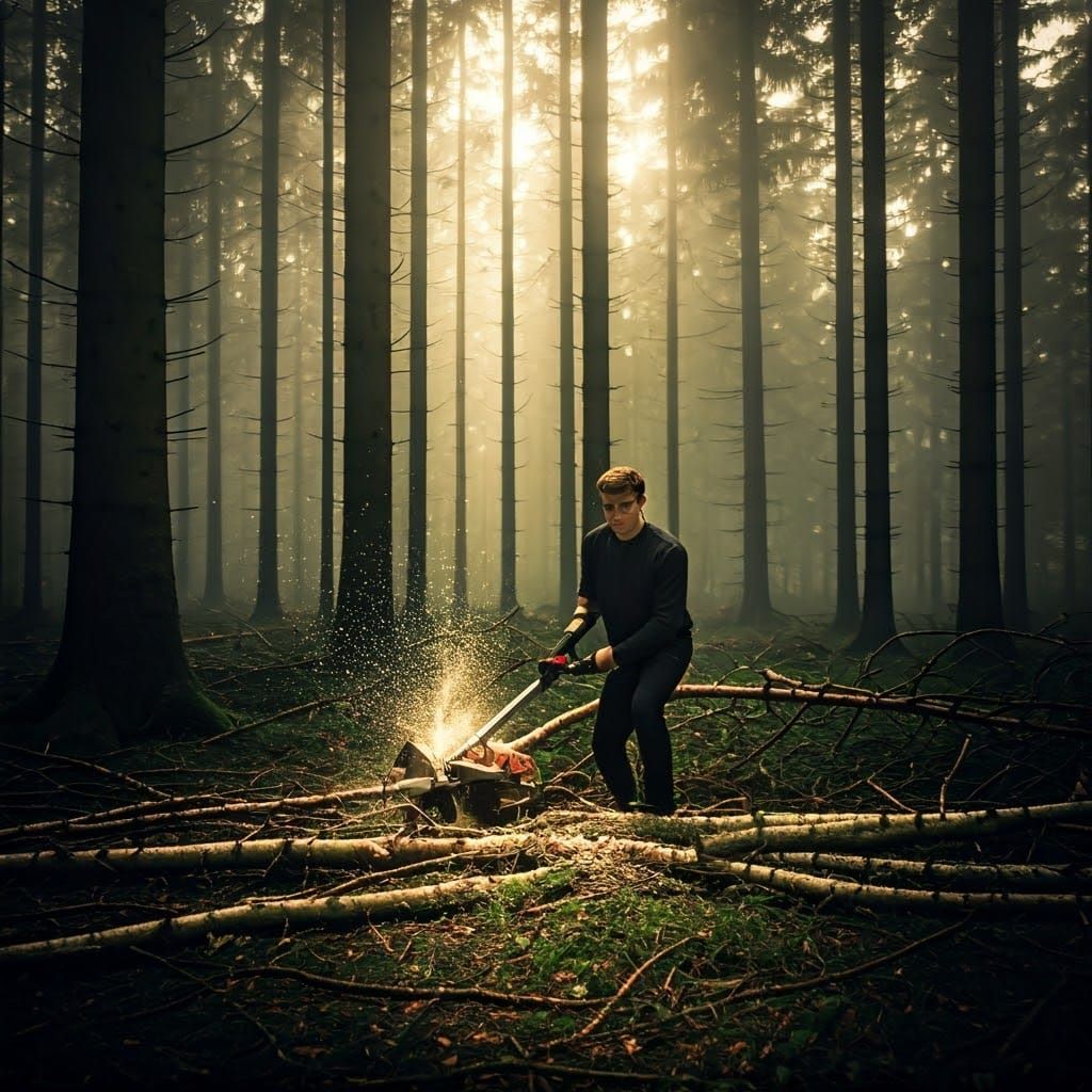 Cinematic Tree Cutter in Misty Forest