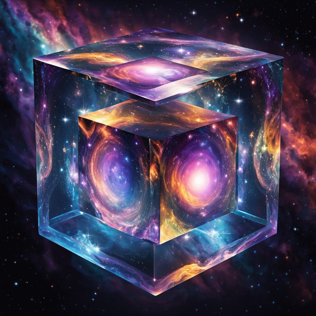 Vibrant Cosmic Hologram in Iridescent Glass Cube