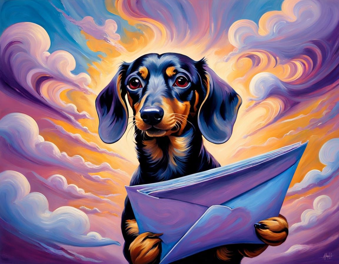 Dachshund with Envelope in Dreamlike Purple and Blue Clouds