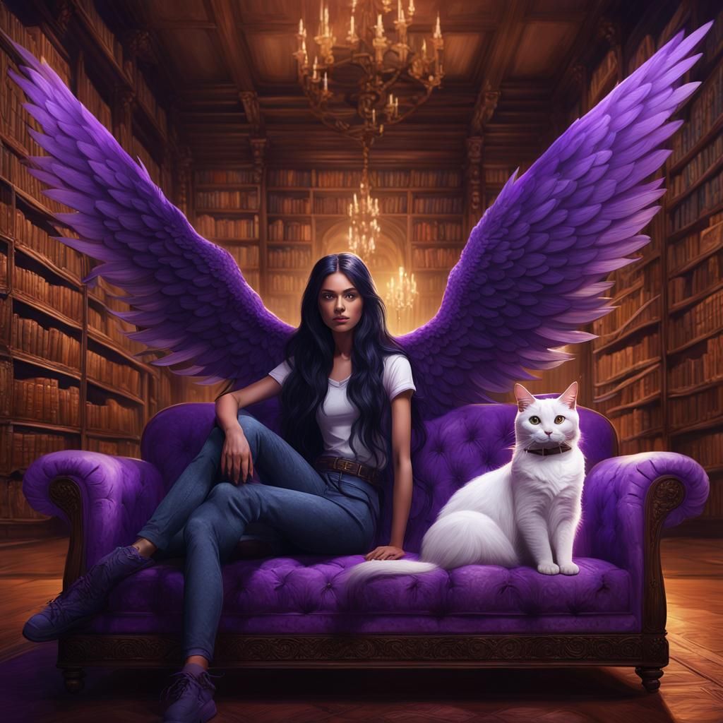Woman with Cat Lounging in Library, Fantasy Art