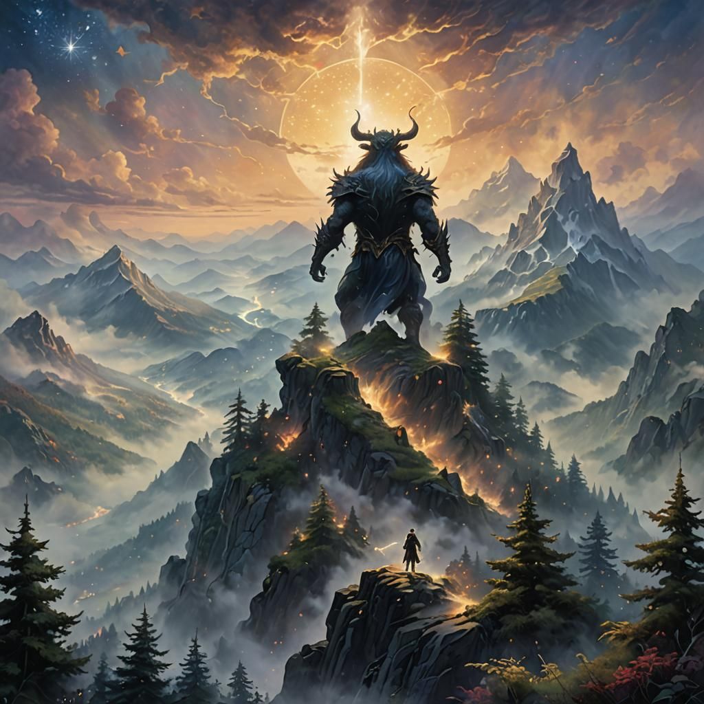 Ethereal Demon on Misty Peak in Luminous Style