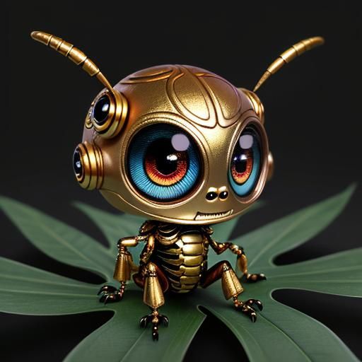 Metallic Insect with Chibi Eyes in Surreal Jungle