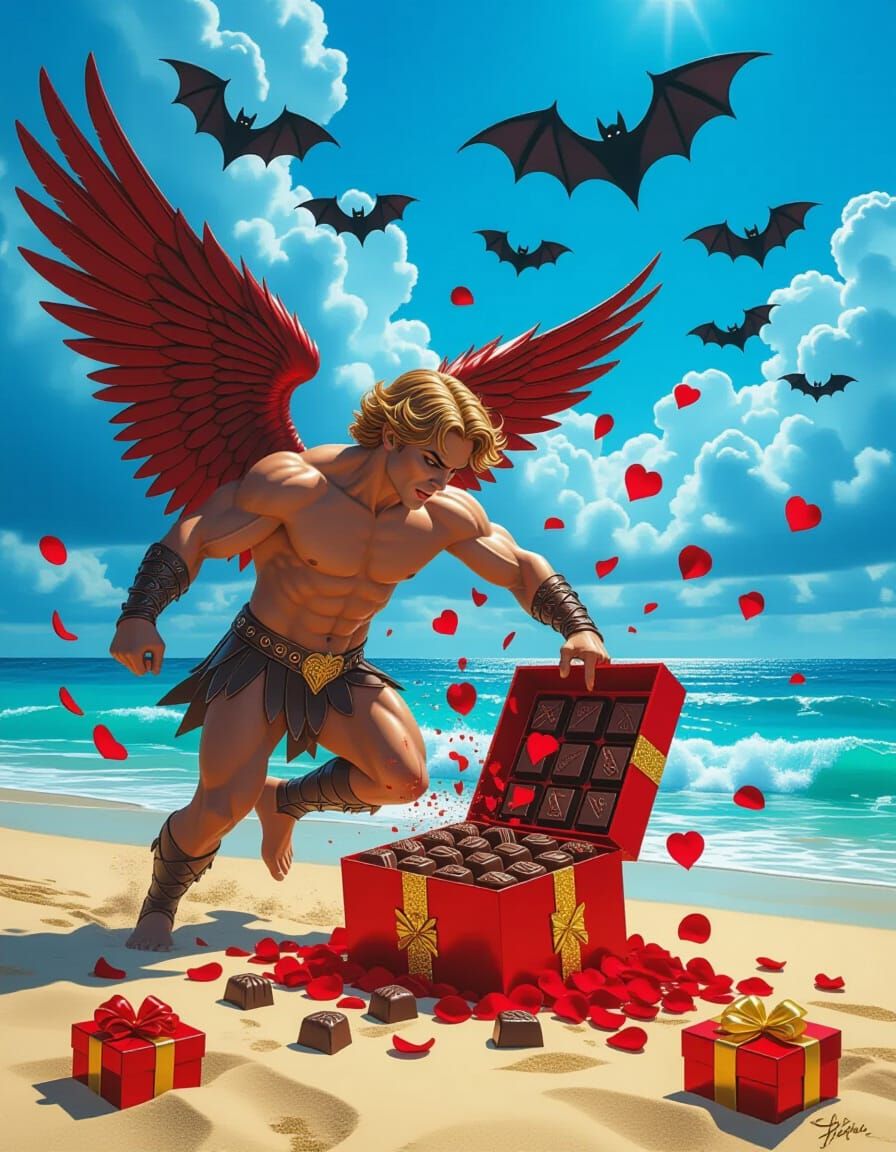 Muscular Cupid Shatters Chocolates on Stormy Beach