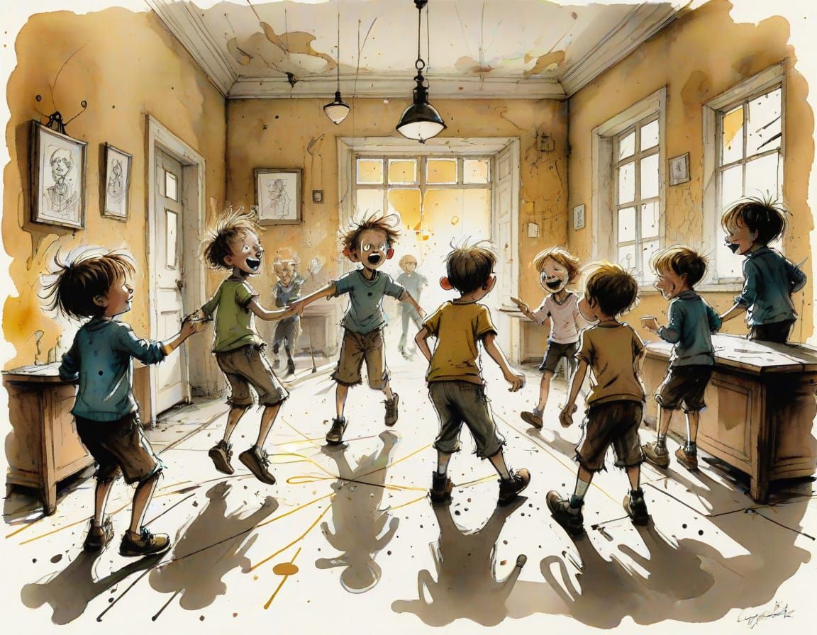 Children Playing: Caricature in Ronald Searle Style