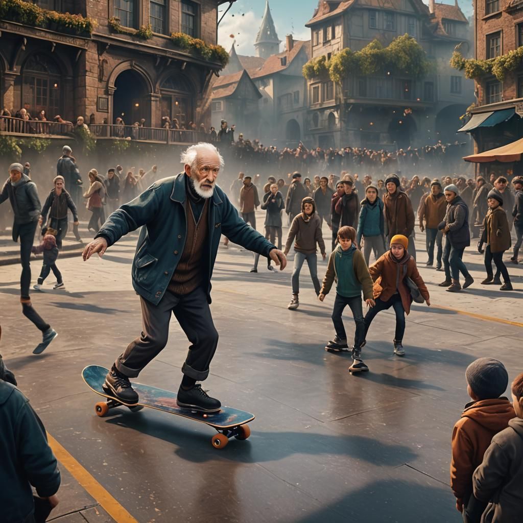Old Man Skateboarding: Detailed Matte Painting