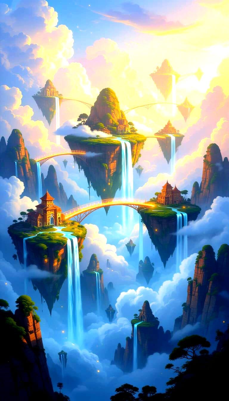 Ethereal Floating Islands Connected by Glowing Bridges