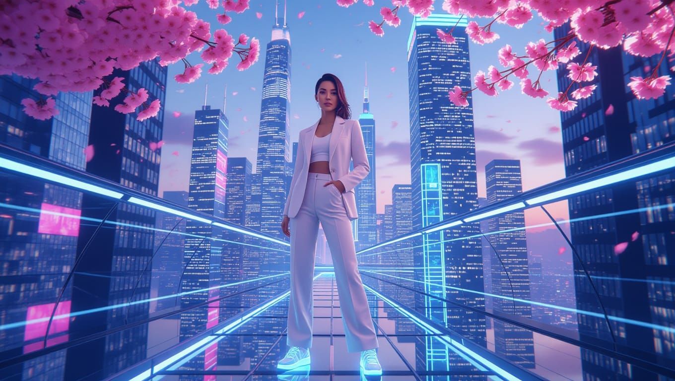 Woman in Futuristic Cityscape with Cherry Blossoms