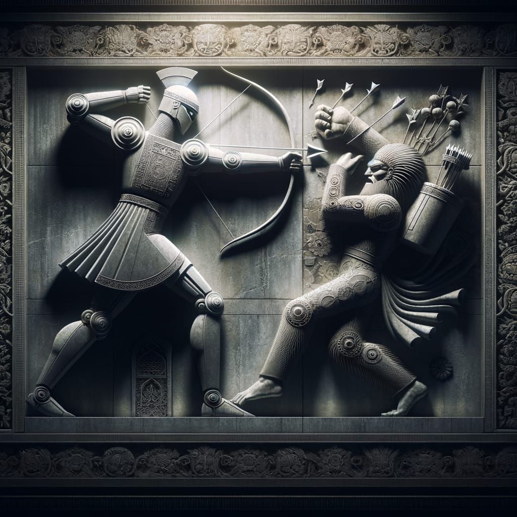 Robotic Figure in Persian Bas-Relief Frieze