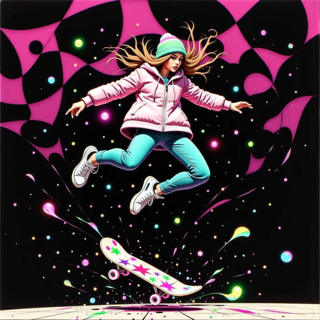 Skater Girl in Neon Checkered Dreamscape