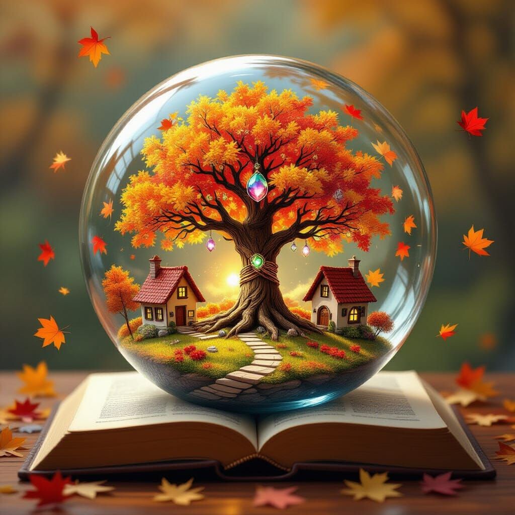Cozy Village Inside Glass Sphere with Cosmic Tree