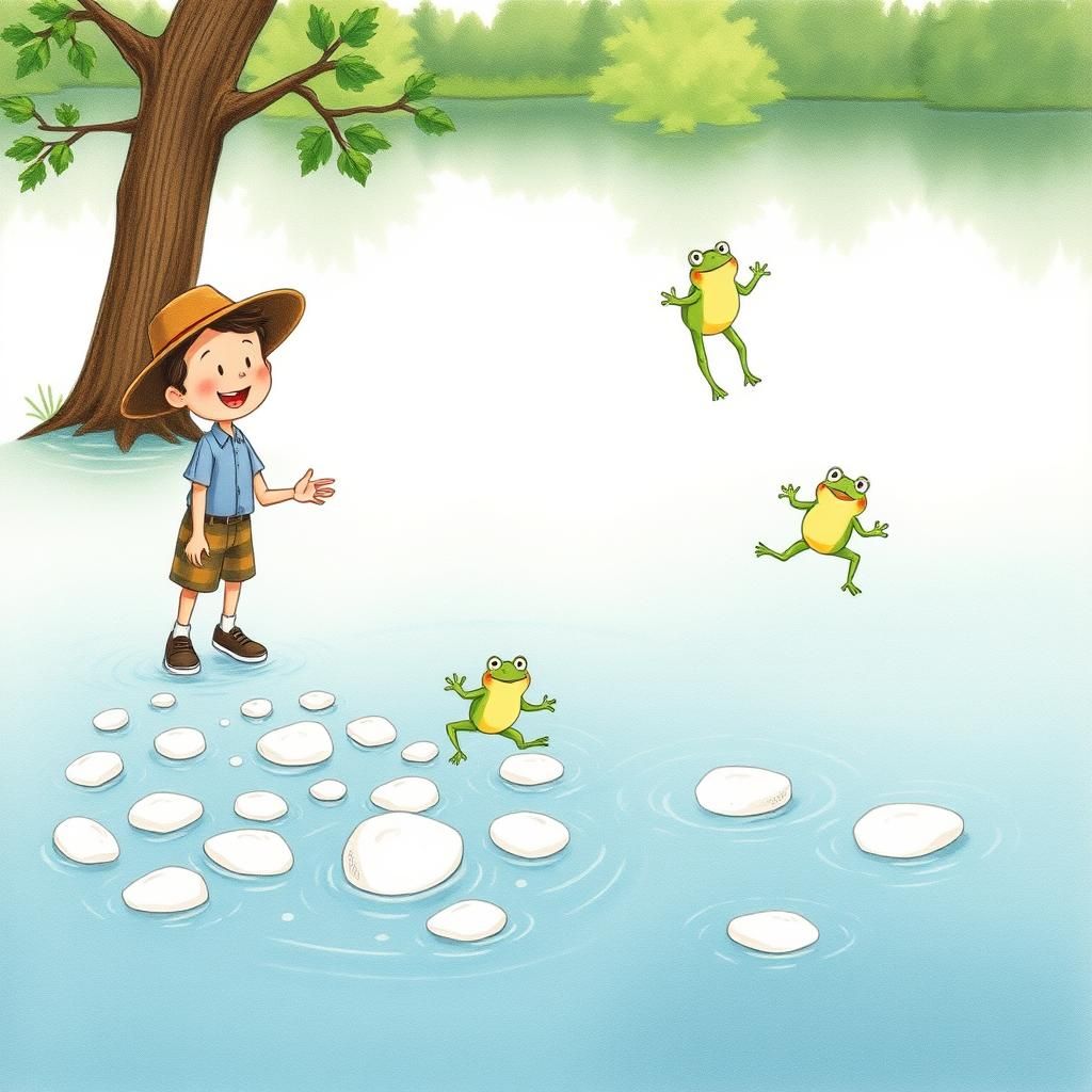 Whimsical Cartoon Scene of Man Skipping Stones