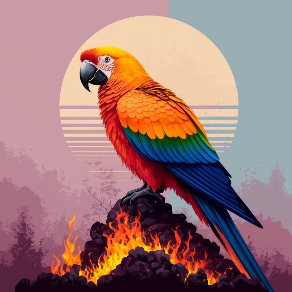 Majestic Saffron Parrot Amidst Vibrant Sunset Landscape