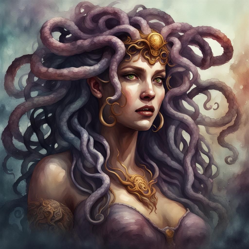 Watercolor Portrait of Beautiful Medusa