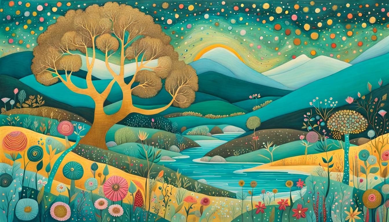 Glittering Art Brut Landscape with Ancient Tree